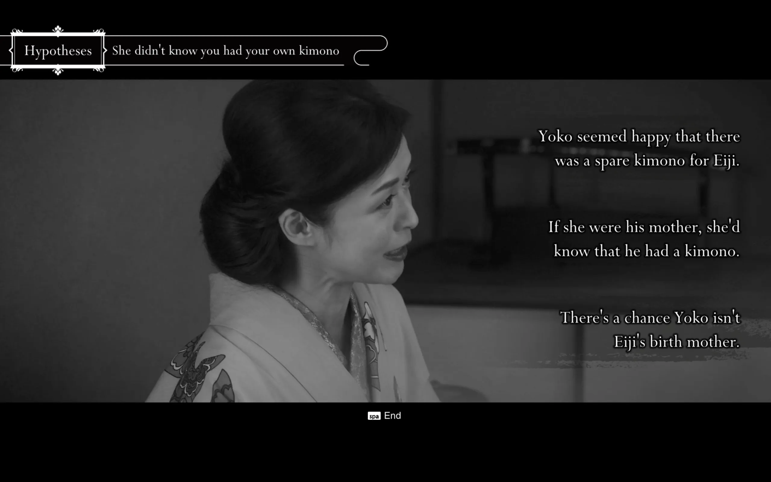 A black and white image says that a woman would know whether her son has a kimono.