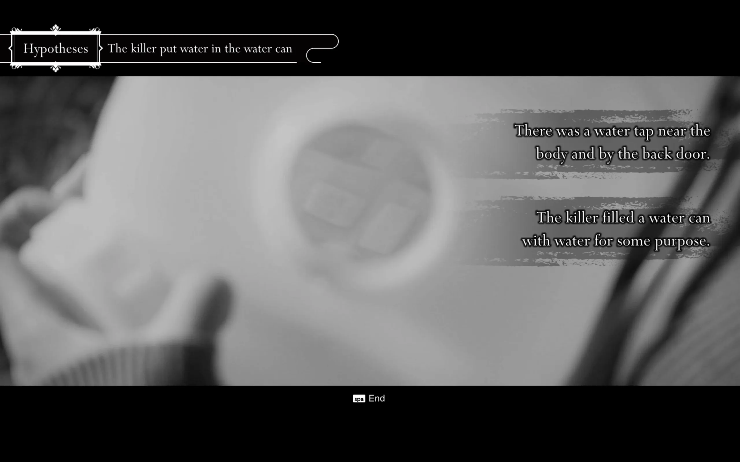 A black and white image of a jug says "The killer must have filled the watering can with water."