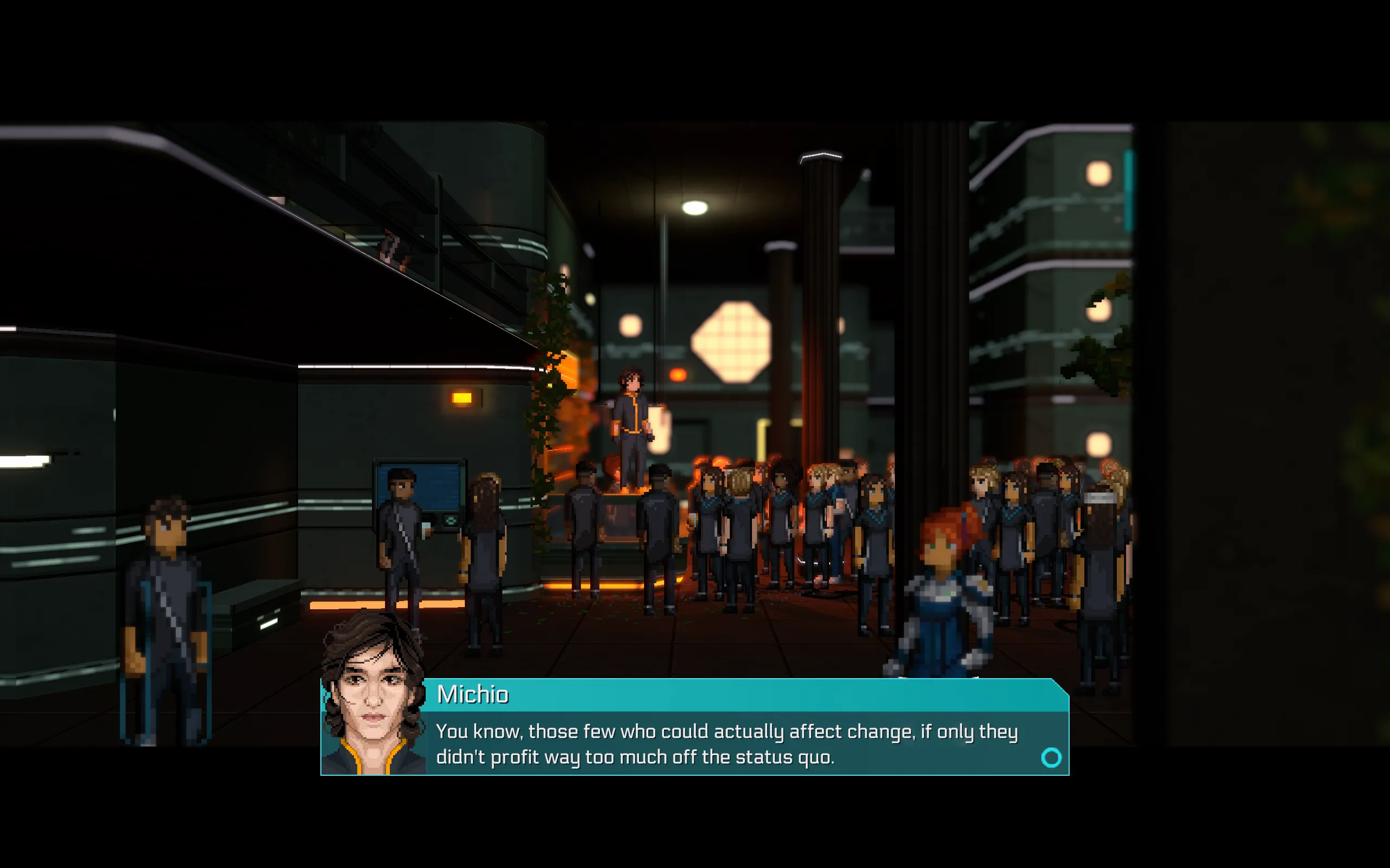 A man named Michio stands on a counter, saying "Those few who could actually affect change, if only they didn&#x27;t profit way too much off the status quo."