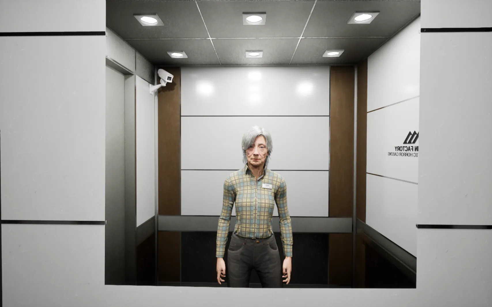 An elderly woman looks at her reflection in a mirror