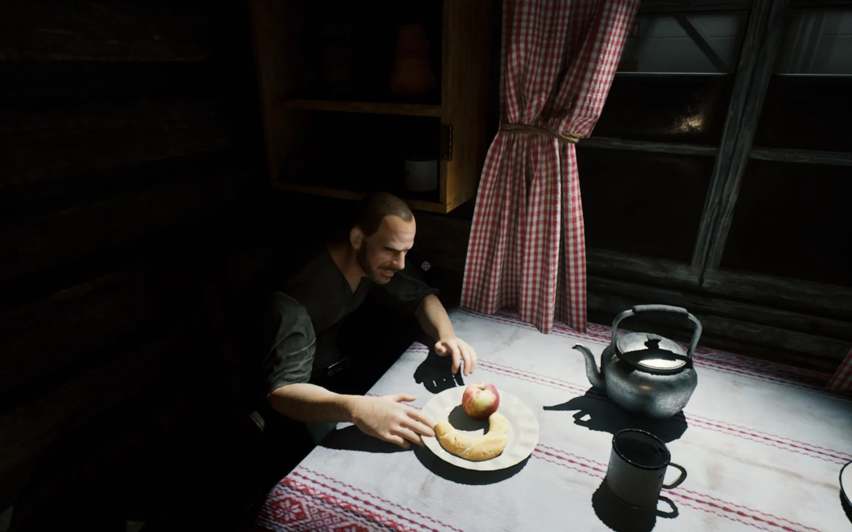 A man sits frozen above a breakfast