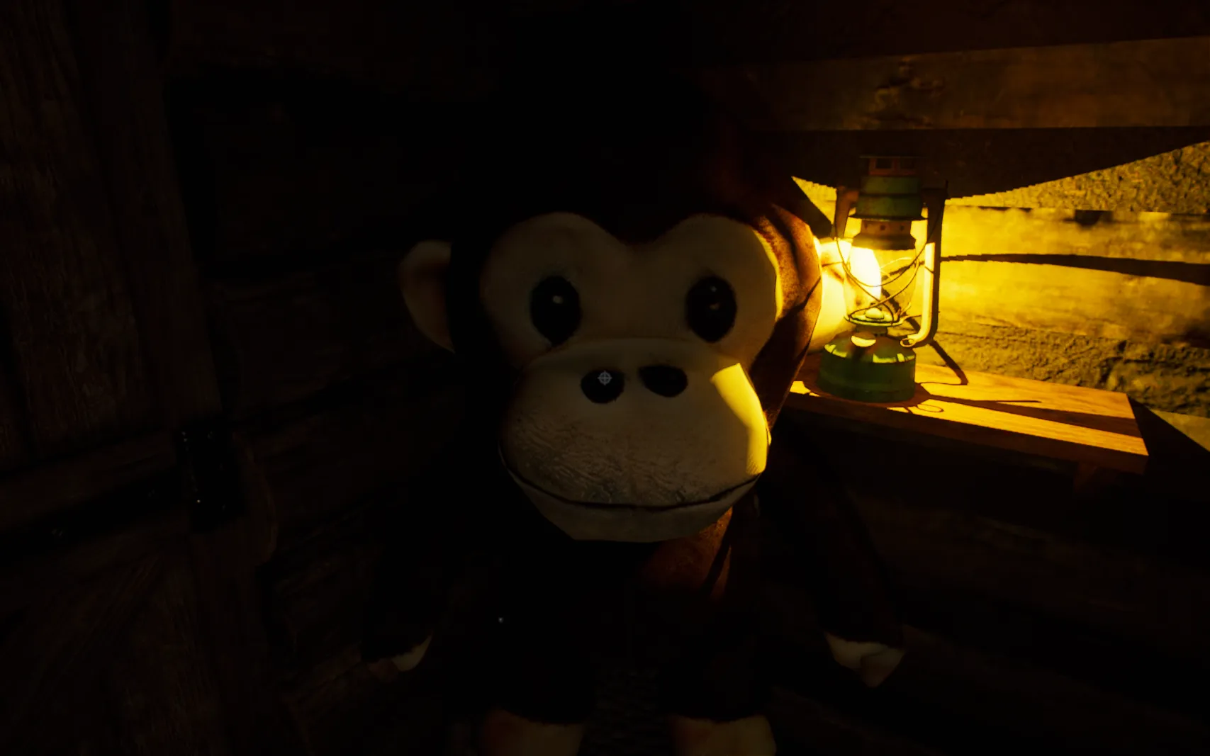 A stuffed monkey stares at the player