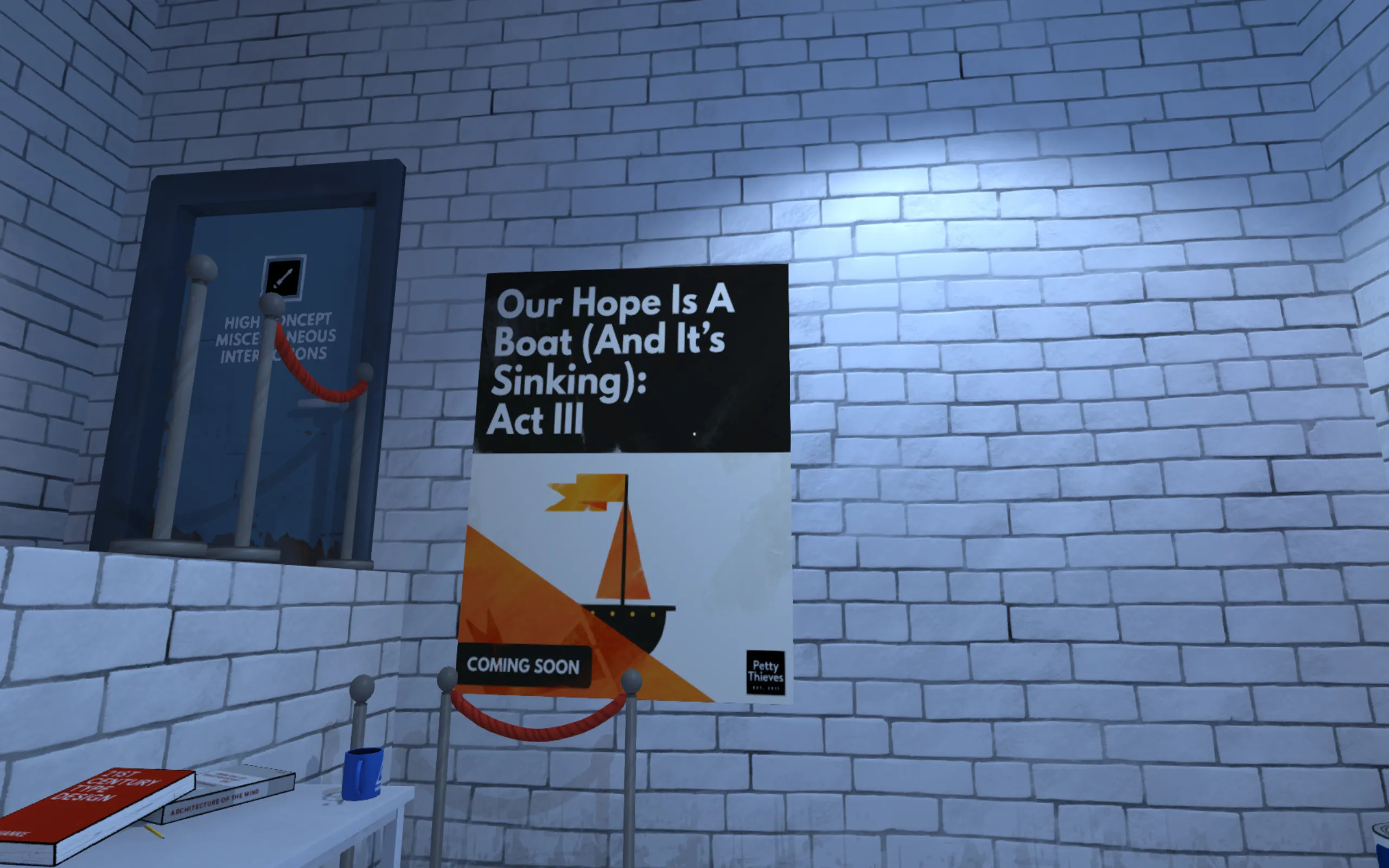 A poster on a white brick wall reads "Our hope is a boat, and it is sinking"