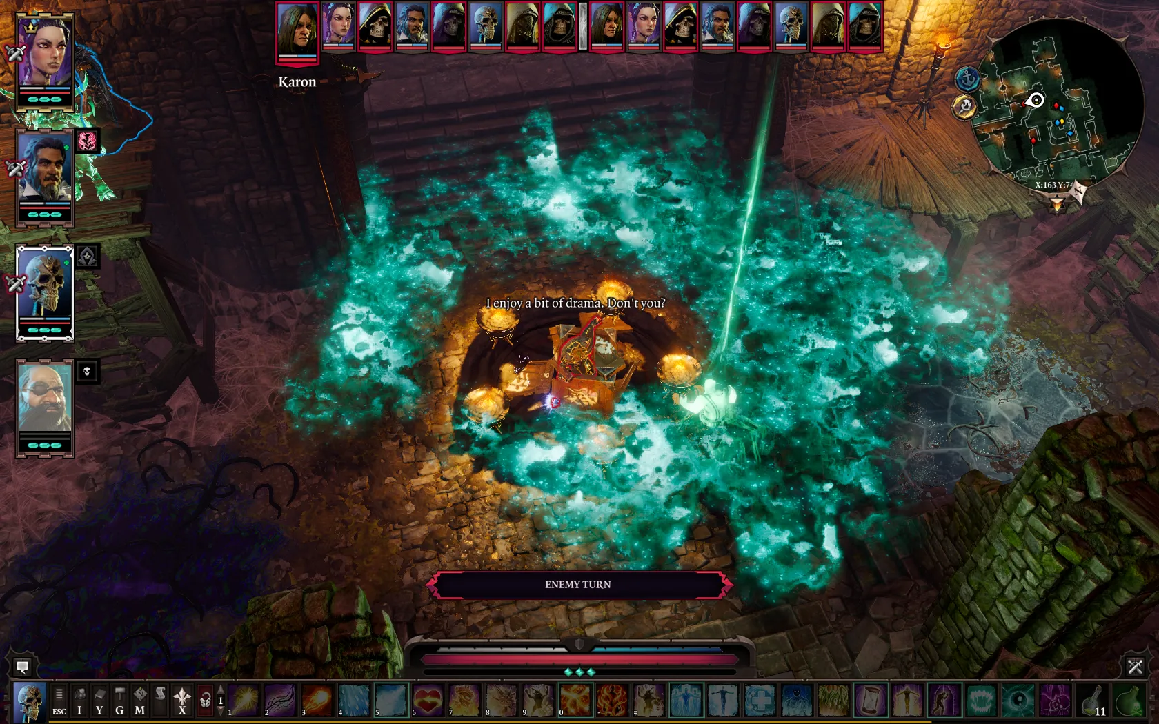 A man stands in the centre of a turquoise cloud. He says "I enjoy a bit of drama. Don&#x27;t you?"