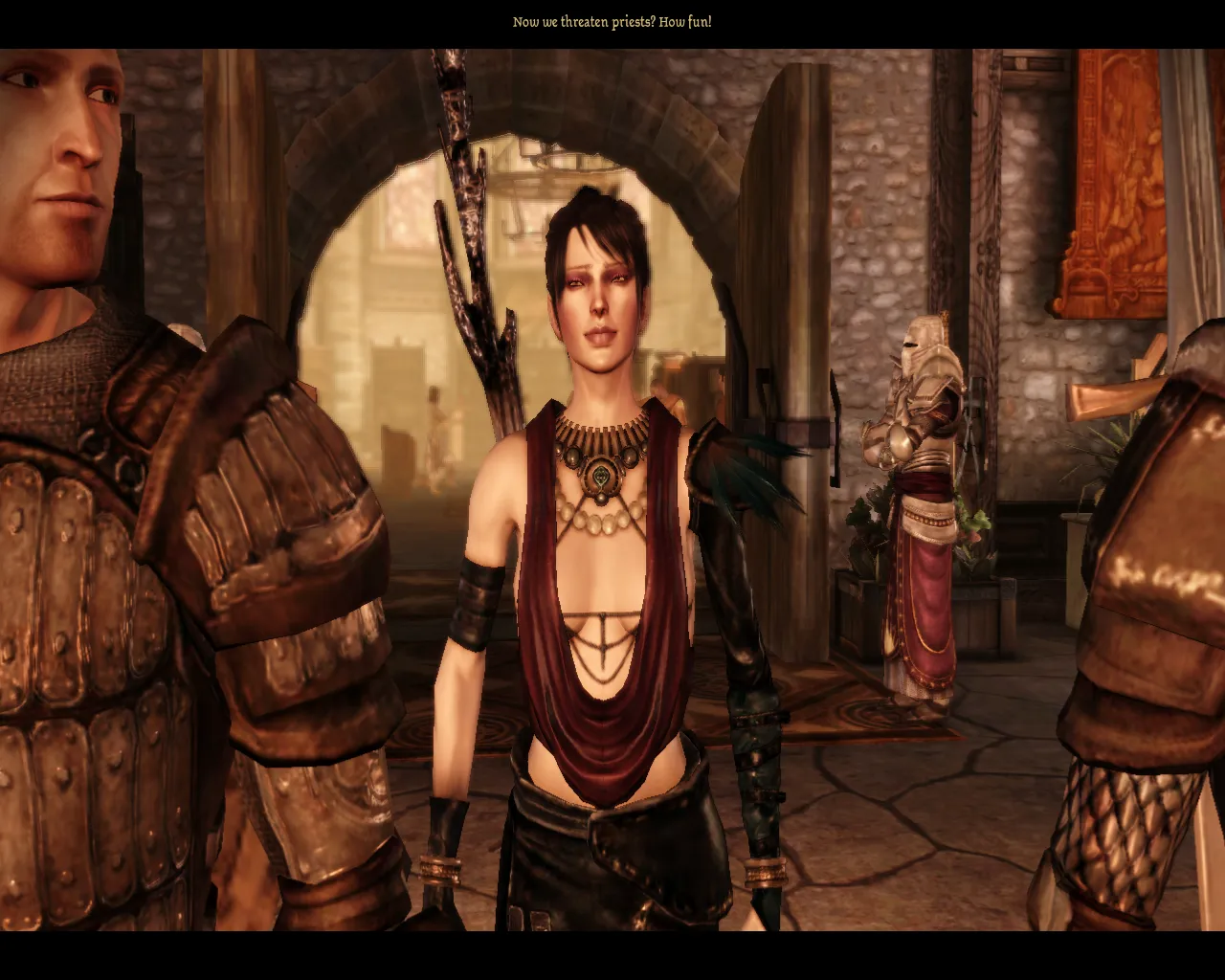 An image of a witch saying "Now we threaten priests? How fun!"