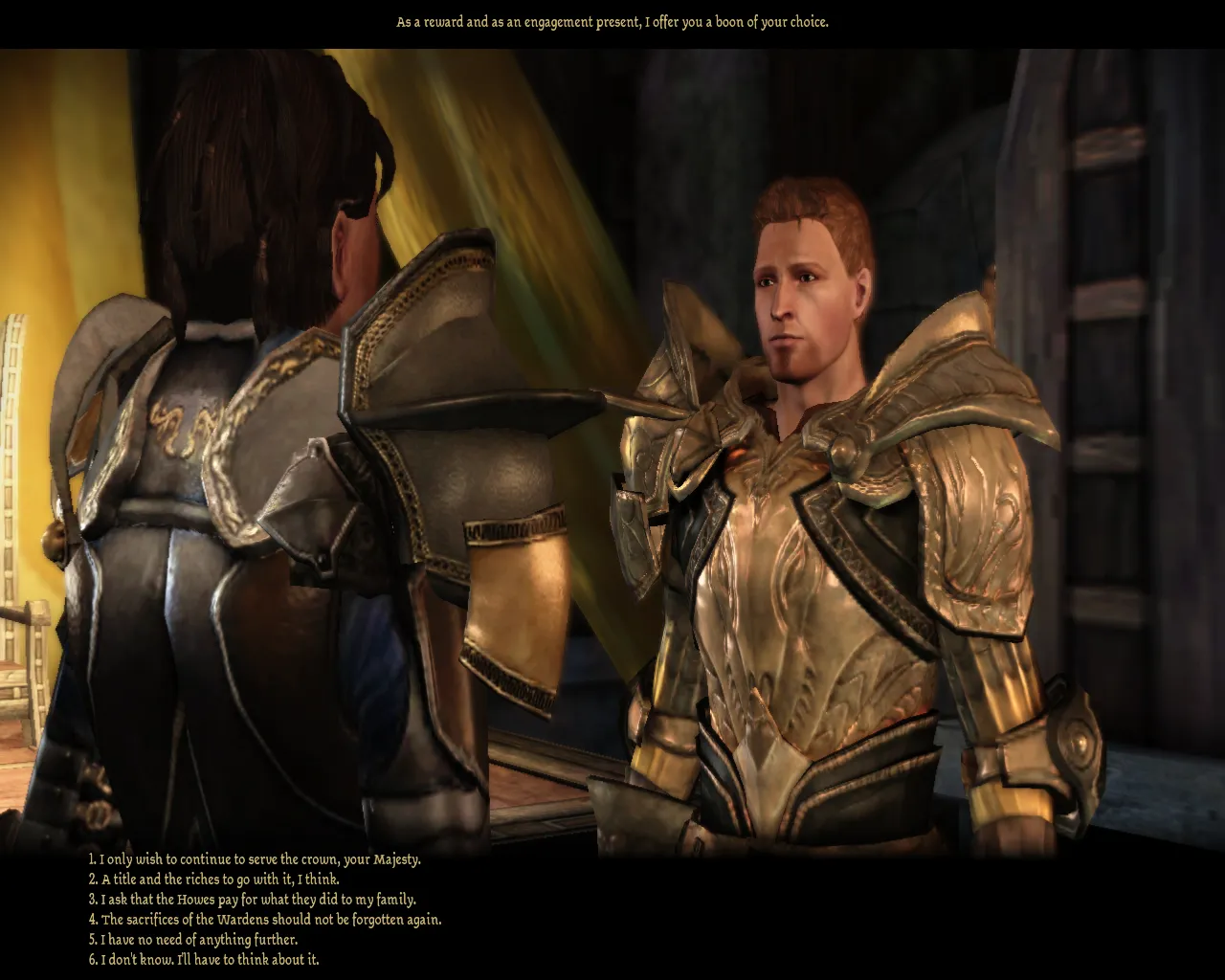 A knight named Alistair addresses the player character, saying "As an engagement present, I offer you a boon of your choice."